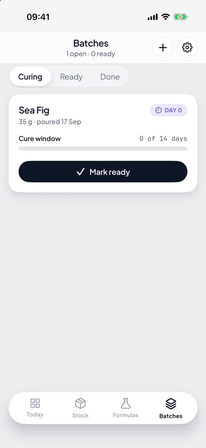 The MakerTrak Batches screen on iPhone, with a curing batch, its cure window and a mark ready button
