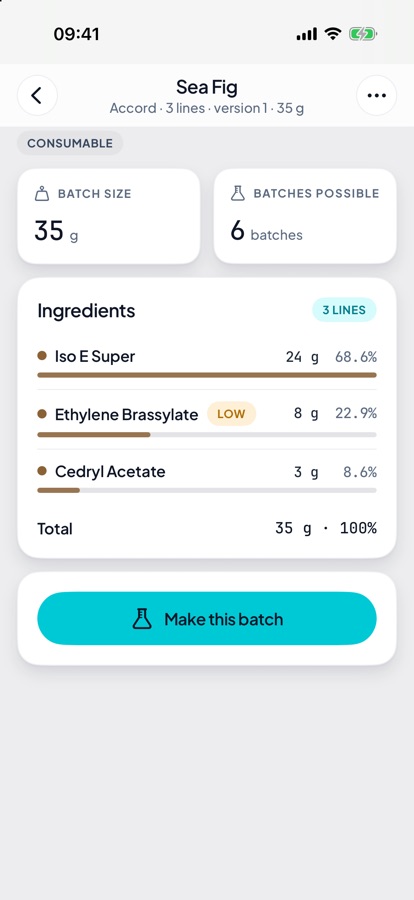 A MakerTrak formula screen on iPhone, showing batch size, batches possible and each ingredient line with its weight and percentage