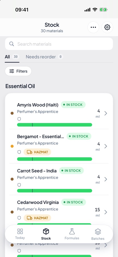 The MakerTrak Stock screen on iPhone, materials grouped by type with a stock meter, supplier and hazard flag on each row
