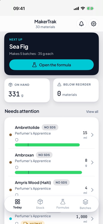 The MakerTrak Today screen on iPhone, with the next formula to make, grams on hand and a list of materials that need attention